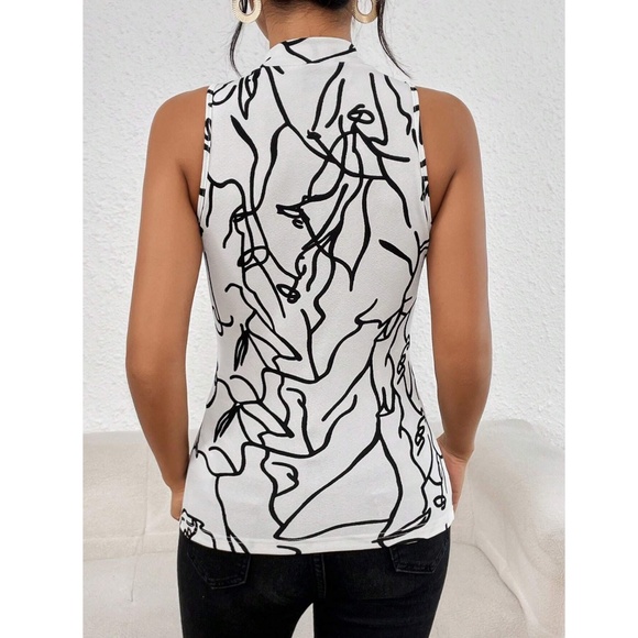 Abstract Face Print White Sleeveless Top Slim Fit High Neck - Picture 4 of 8